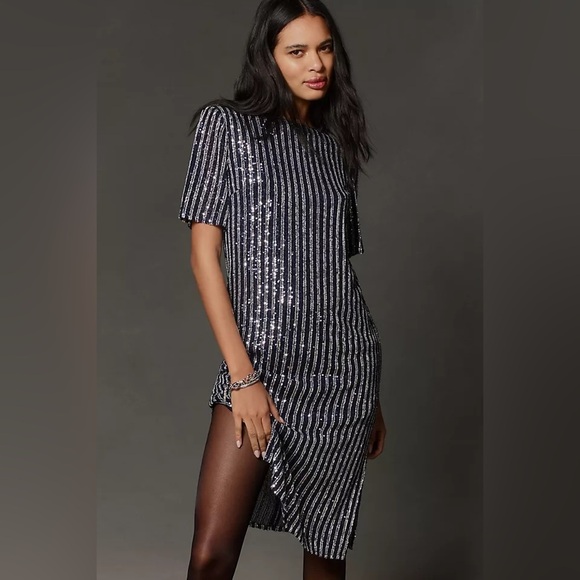 NWT! Anthropologie FLAT WHITE NAVY SHORT-SLEEVE SEQUIN STRIPE MIDI DRESS 🟠☮️ - Picture 1 of 12